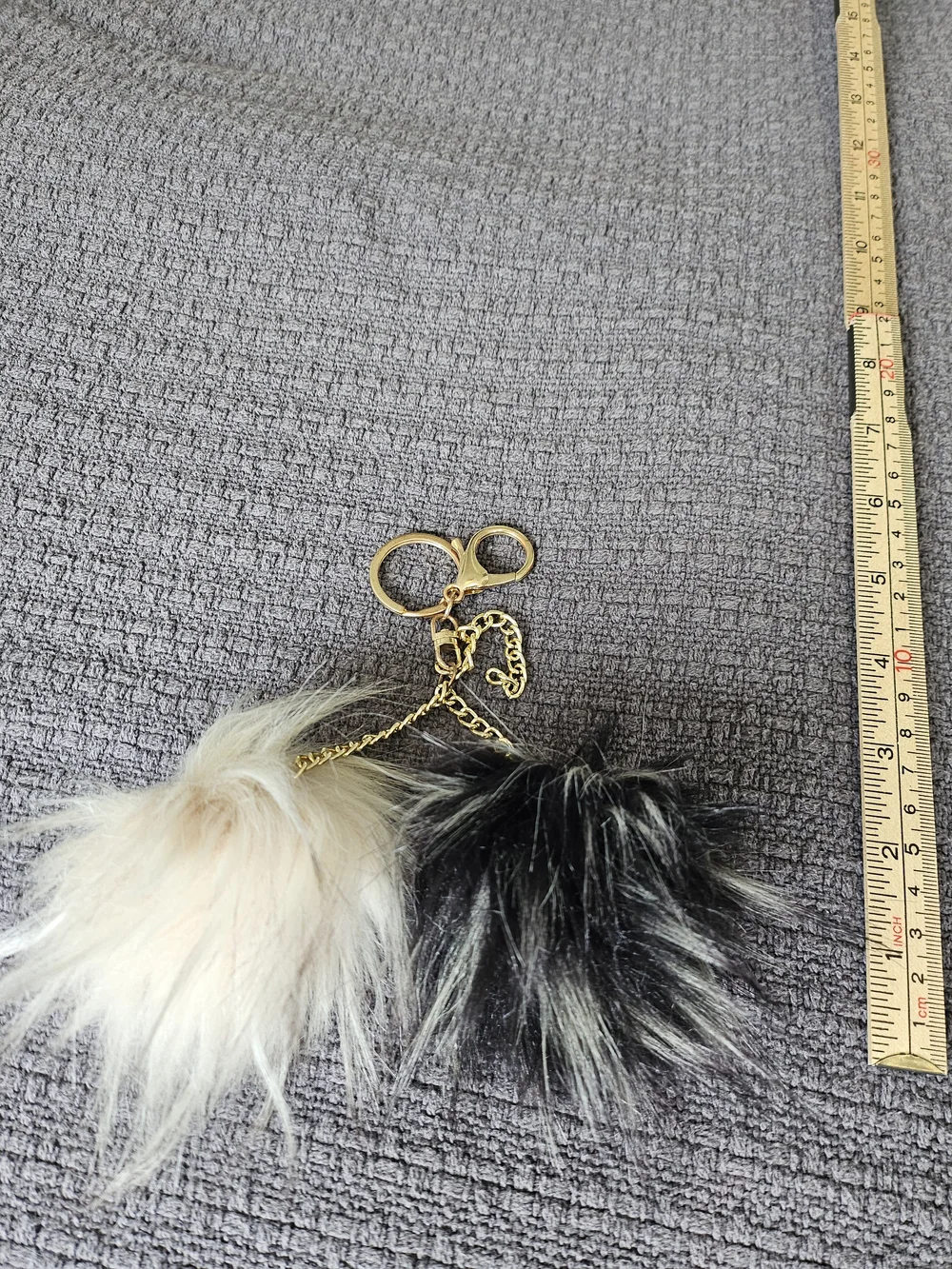 Faux Fur Double Pom Keychain - Black & Cream with Gold Hardware